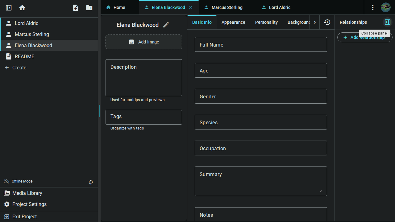 Relationships feature overview showing the panel with multiple relationship types
