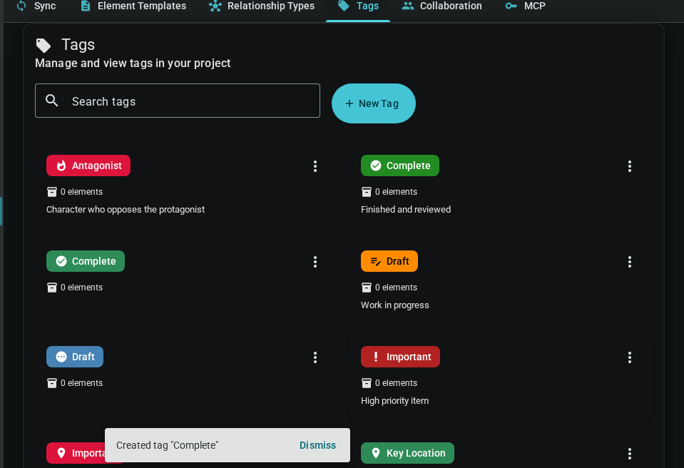 Tags management tab showing a list of project tags